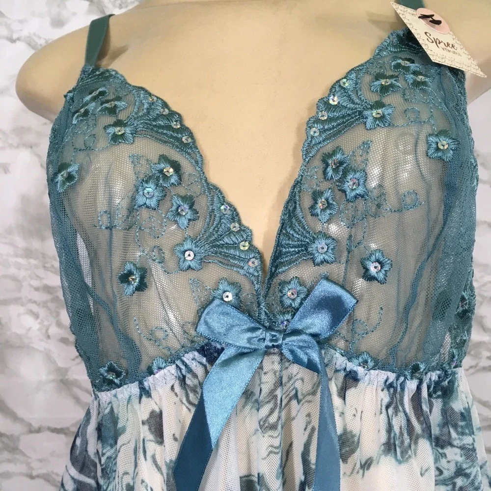 NEW Spree Intimates Teal Blue Marble Mesh Floral Lace‎ Babydoll Lingerie Set 1X